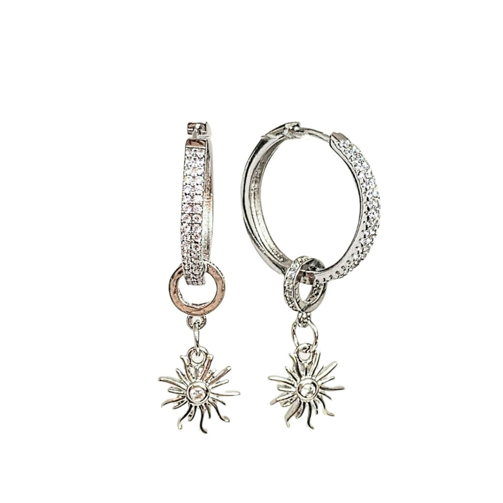 Silver CZ Fiery Sun Huggie Hoop earrings, 20mm Hoop Drop