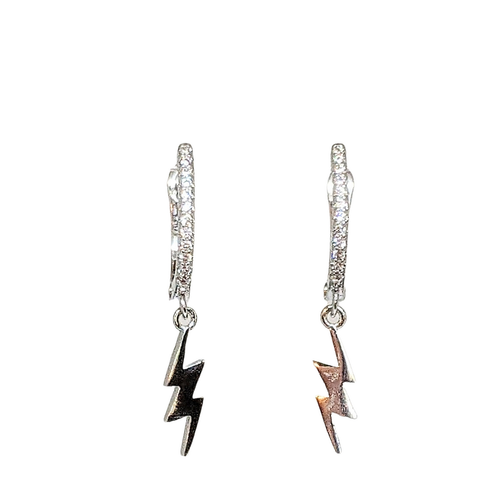 Silver Lightening Bolt CZ Huggie Hoop earrings, 15mm Hoop Drop