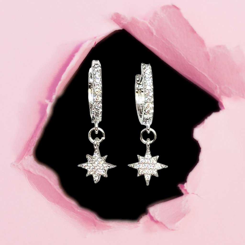 Silver CZ North Star Huggie Hoop earrings, 15mm Hoop Drop