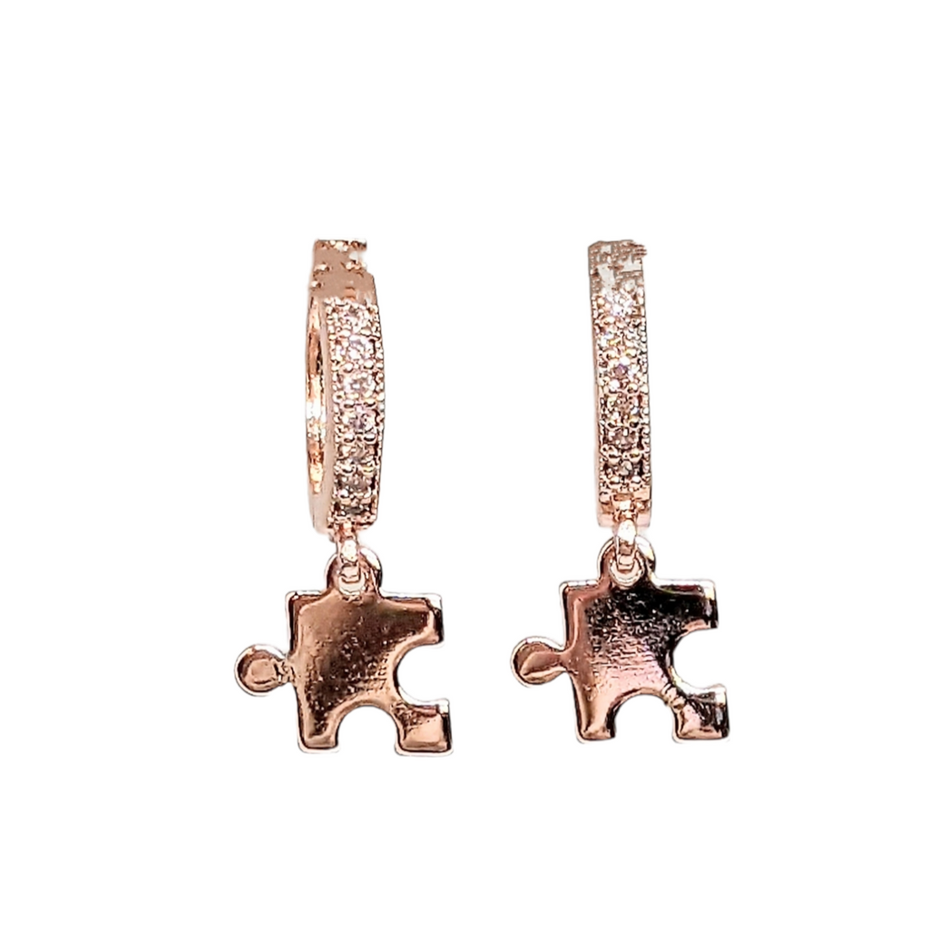 Rose-Gold Puzzle Piece CZ Huggie Hoop earrings, 15mm Hoop Drop