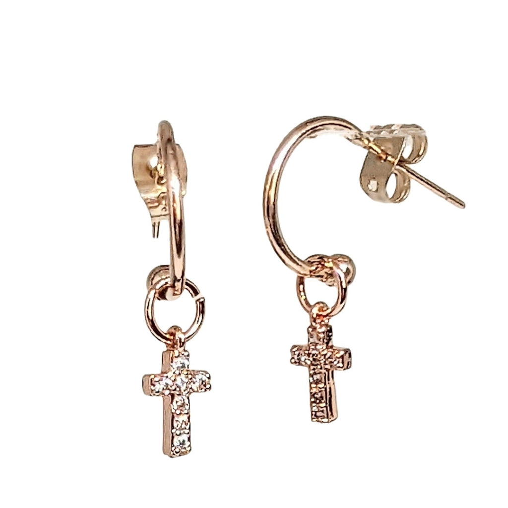 Rose-Gold CZ Cross Hoop earrings, 16mm Hoop Drop