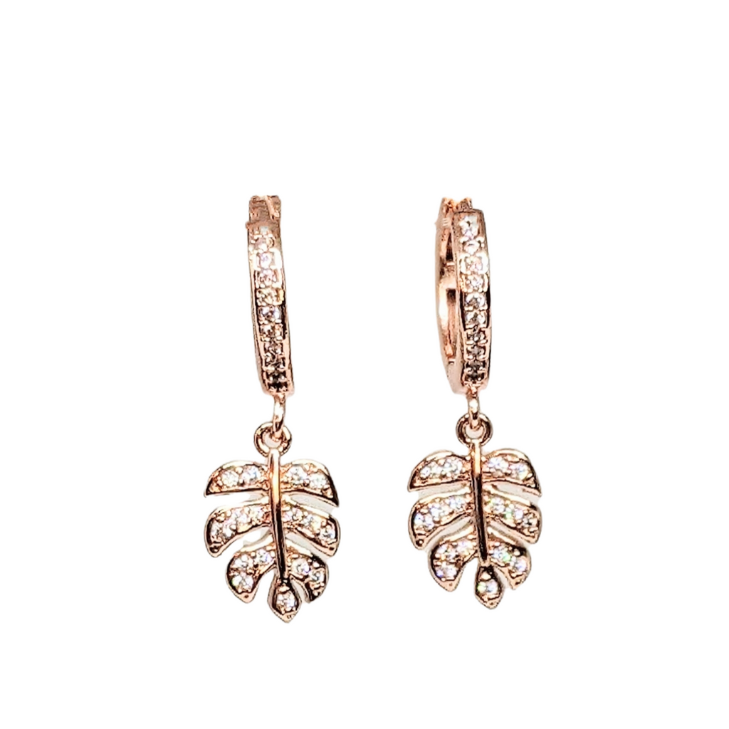 Rose-Gold CZ Monstera Leaf Hoop earrings, 15mm Hoop Drop