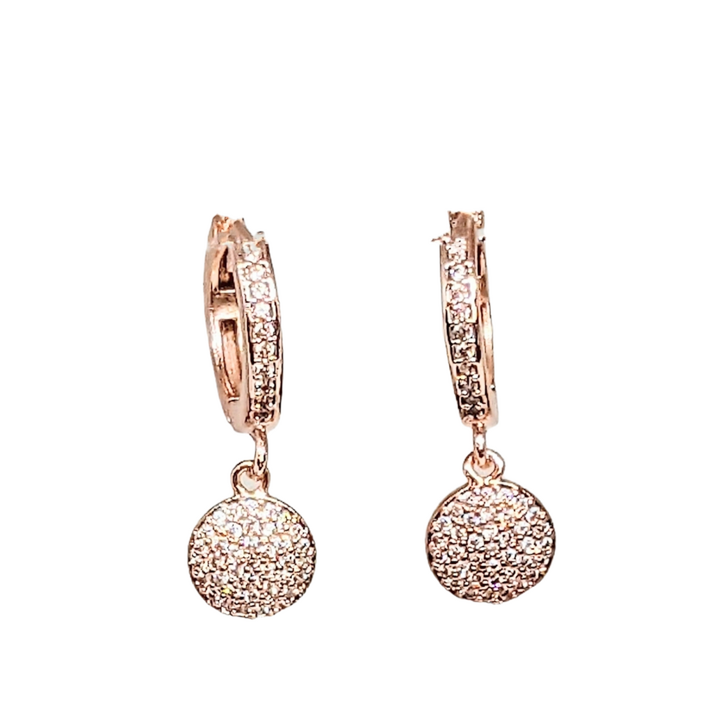 Rose-Gold CZ Circle Drop Huggie Hoop earrings, 15mm Hoop Drop