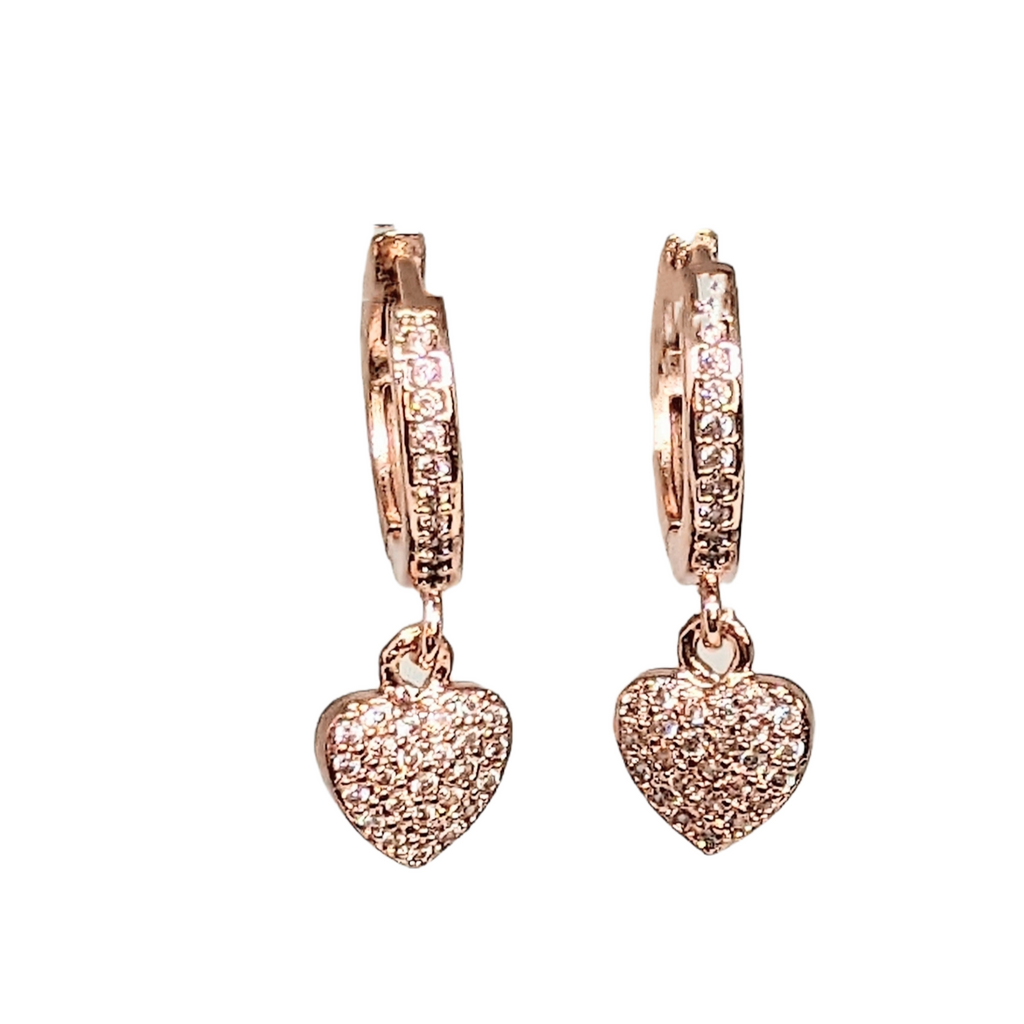 Rose-Gold CZ Heart Huggie Hoop earrings, 15mm Hoop Drop