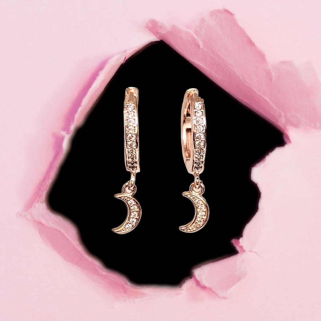 Rose-Gold CZ Crescent Moon Hoop earrings, 15mm Hoop Drop