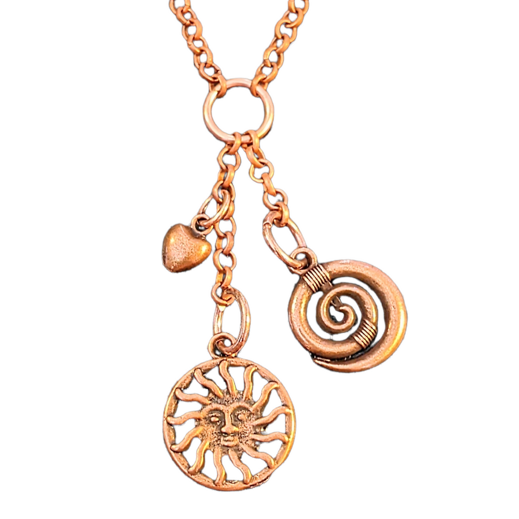 Celestial Sun Copper charm cluster lariat necklace, 18-24 inch