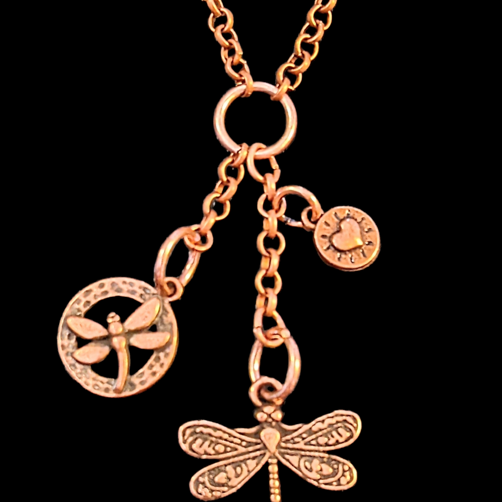 Dragonfly Copper charm cluster lariat necklace, 18-24 inch