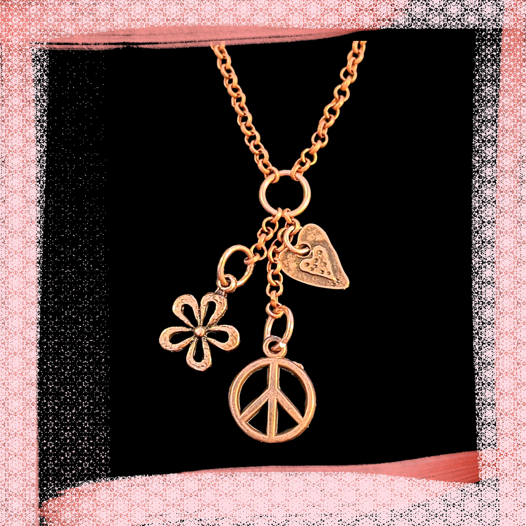 Peace Sign Copper charm cluster lariat necklace, 18-24 inch