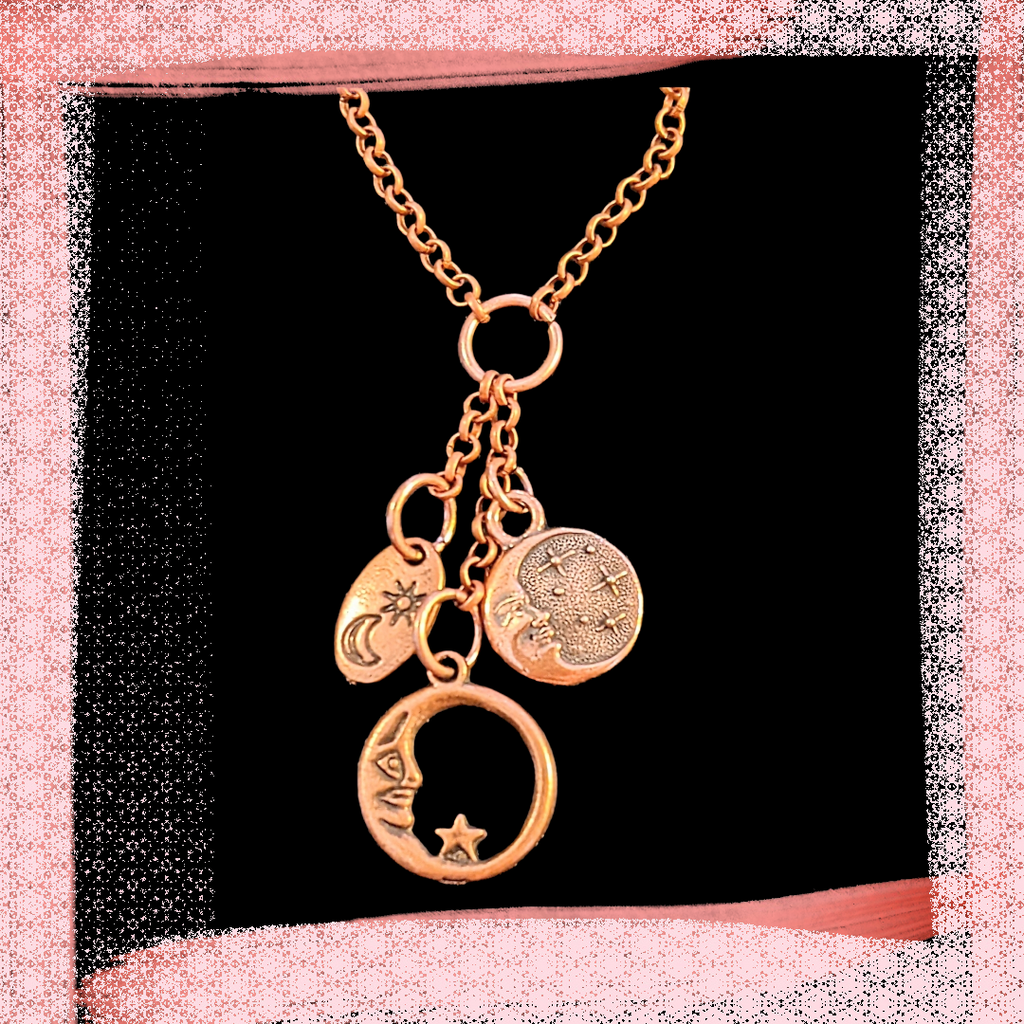 Crescent Moon Copper charm cluster lariat necklace, 18-24 inch