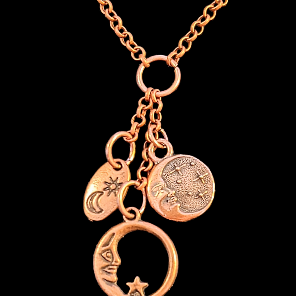 Crescent Moon Copper charm cluster lariat necklace, 18-24 inch