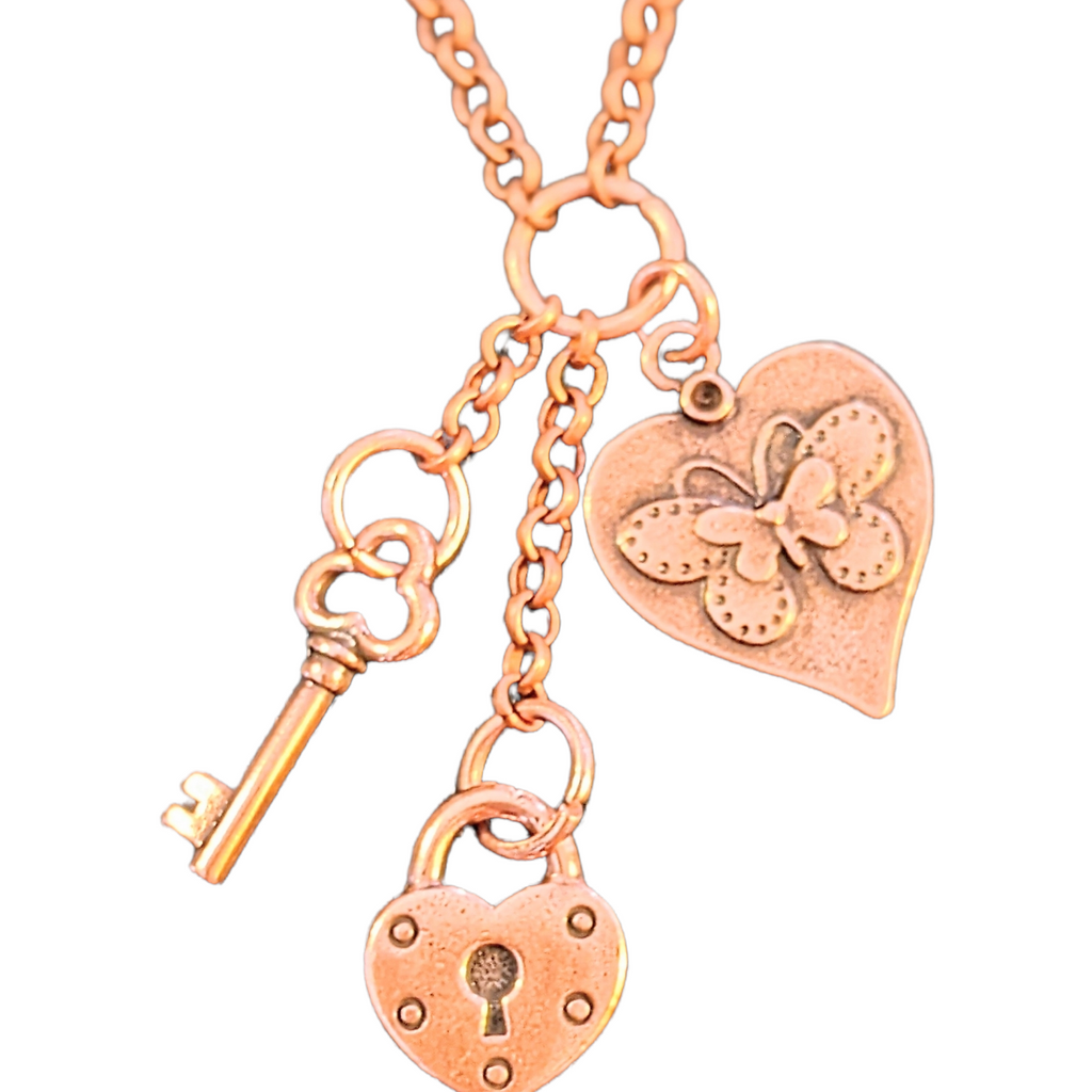 Heart Lock & Key Copper charm cluster lariat necklace, 18-24 inch