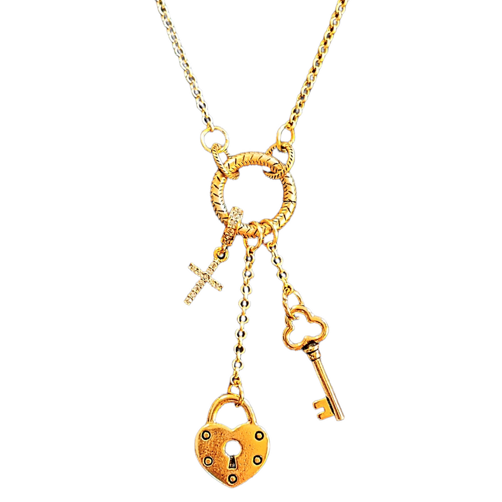 Gold Heart Lock and Key charm cluster lariat necklace, 18 - 24 inches