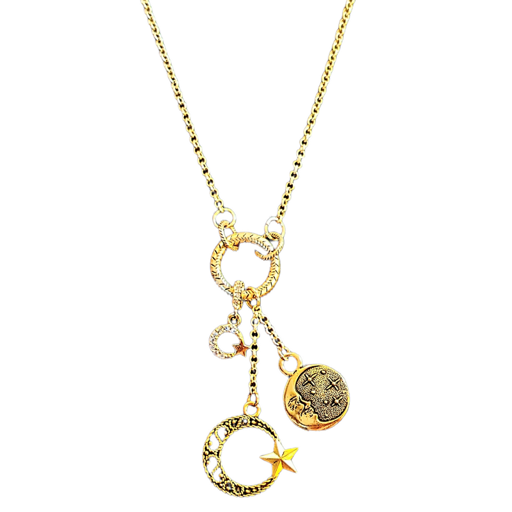 Gold Crescent Moon Star charm cluster necklace, 18 - 24 inches