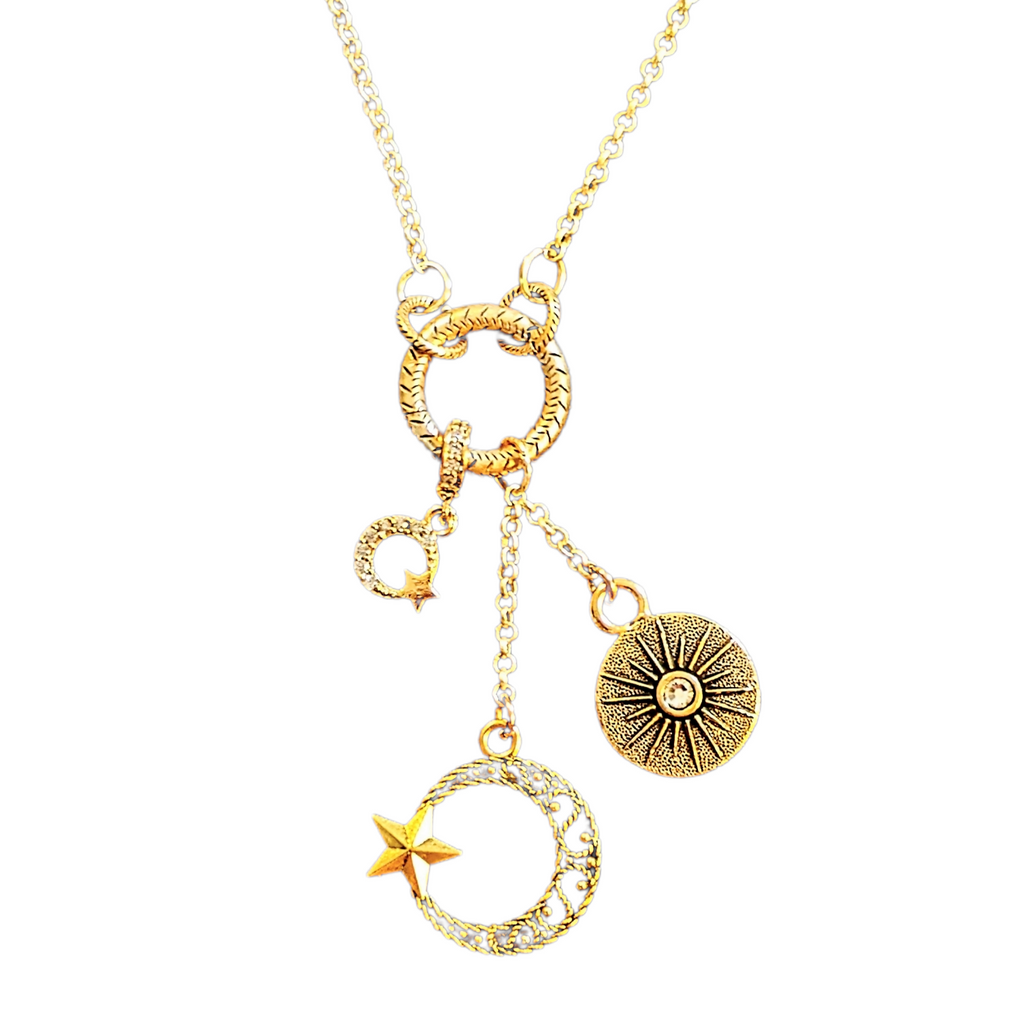 Gold Crescent Moon Star Charm Keeper Necklace, 18 - 24 inches