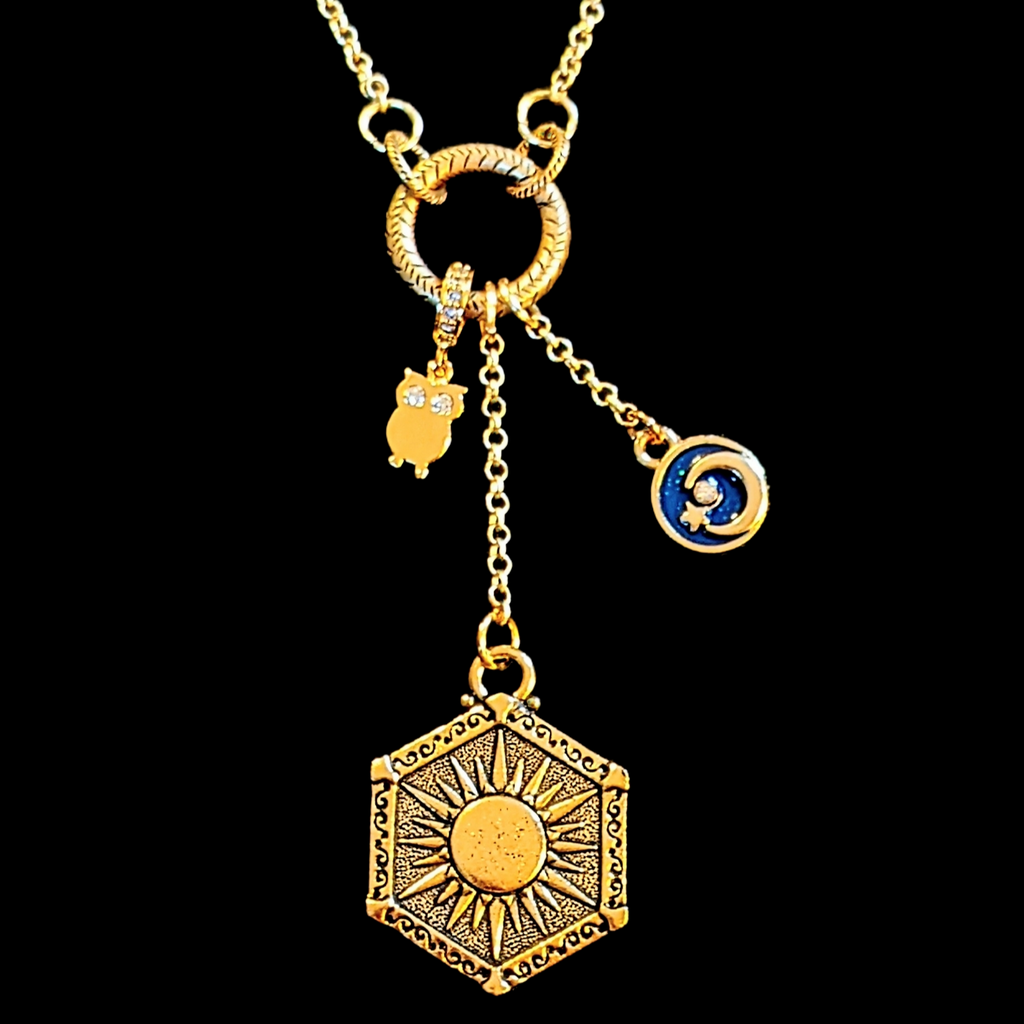 Crescent Moon Sun charm cluster lariat necklace, 18 - 24 inches