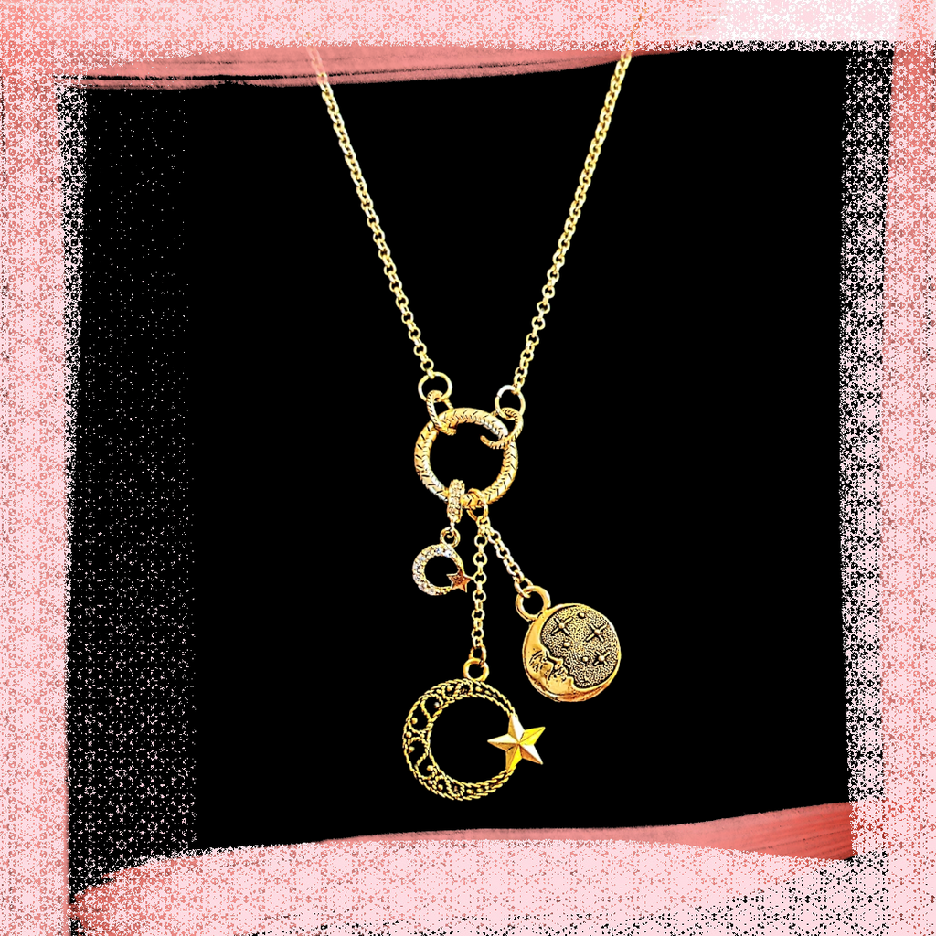 Gold Crescent Moon Star charm cluster necklace, 18 - 24 inches