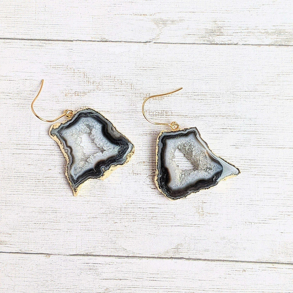 Black Agate Geode Slice Earrings-Gold
