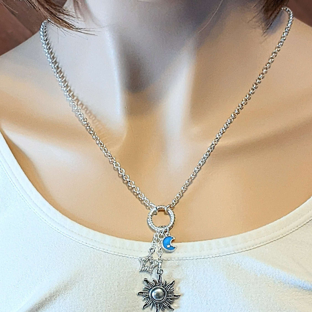 Celestial Sun Silver charm cluster lariat necklace - 18-24 inch