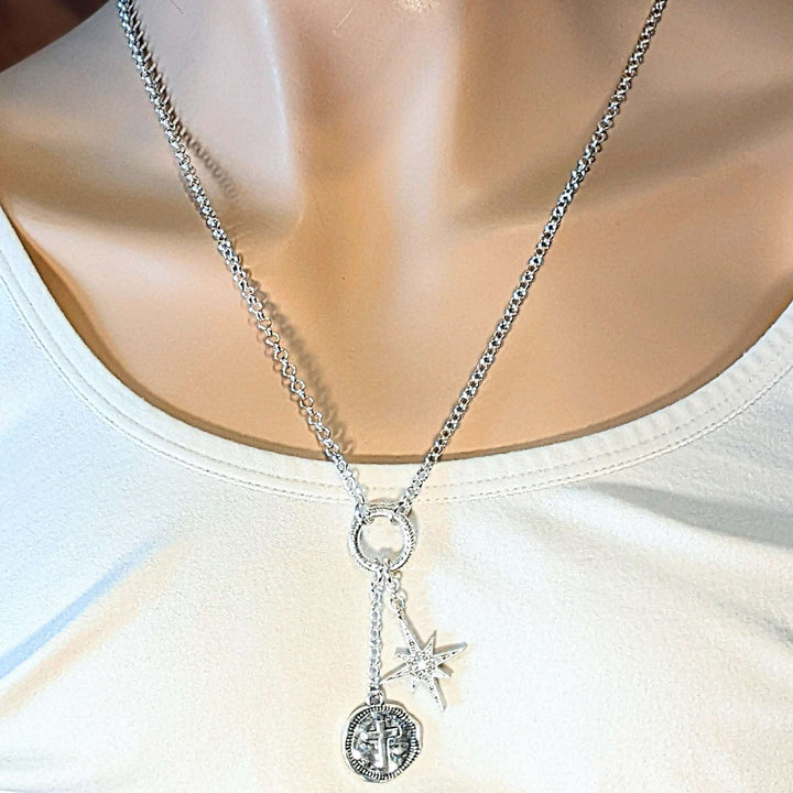 Cross North Star Charm Keeper Necklace - 18-24 inch