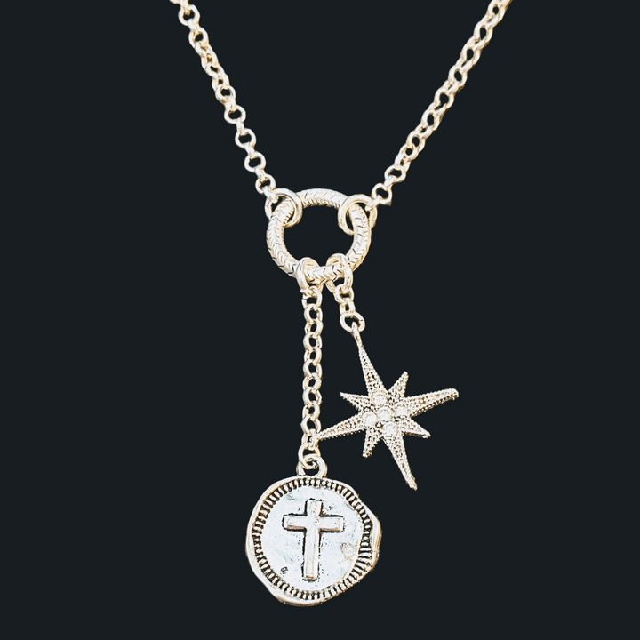Cross North Star Charm Keeper Necklace - 18-24 inch