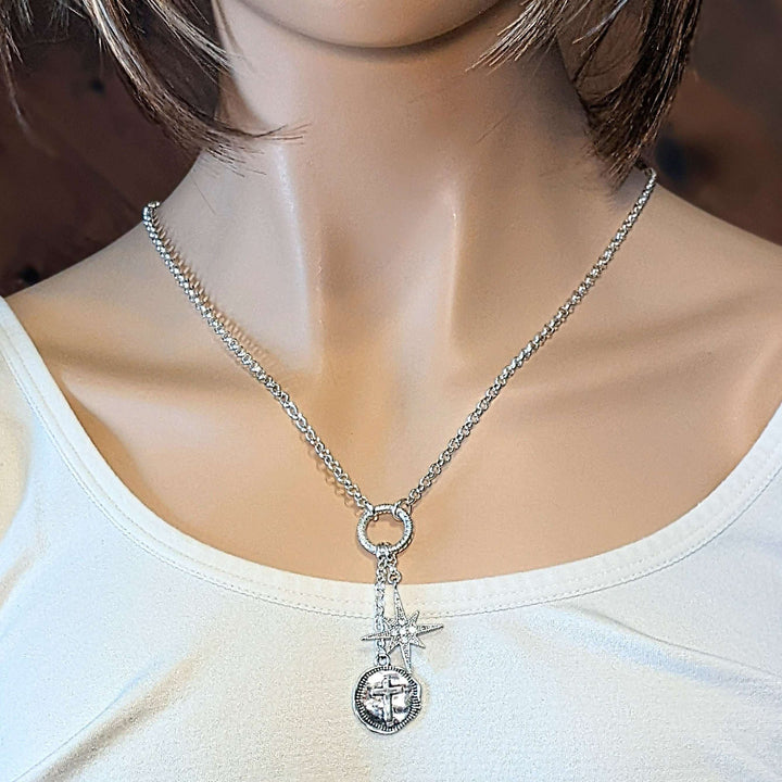 Cross North Star Charm Keeper Necklace - 18-24 inch