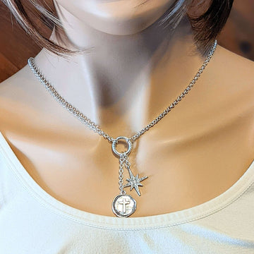 Cross North Star Charm Keeper Necklace - 18-24 inch