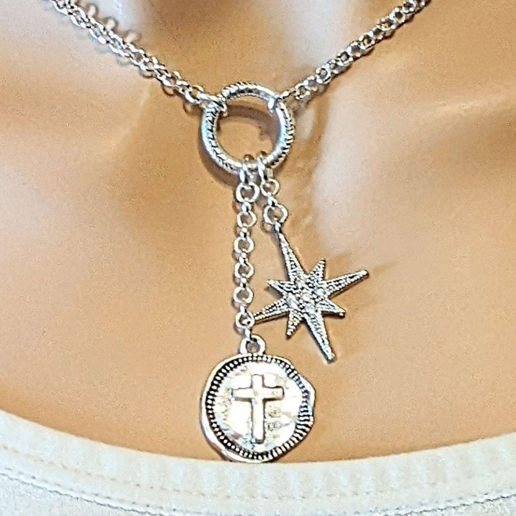 Cross North Star charm cluster lariat necklace - 18-24 inch