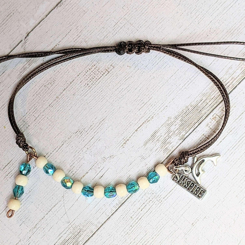 Dolphin Beaded Crystal Waxed Cord Bracelet Earring Set