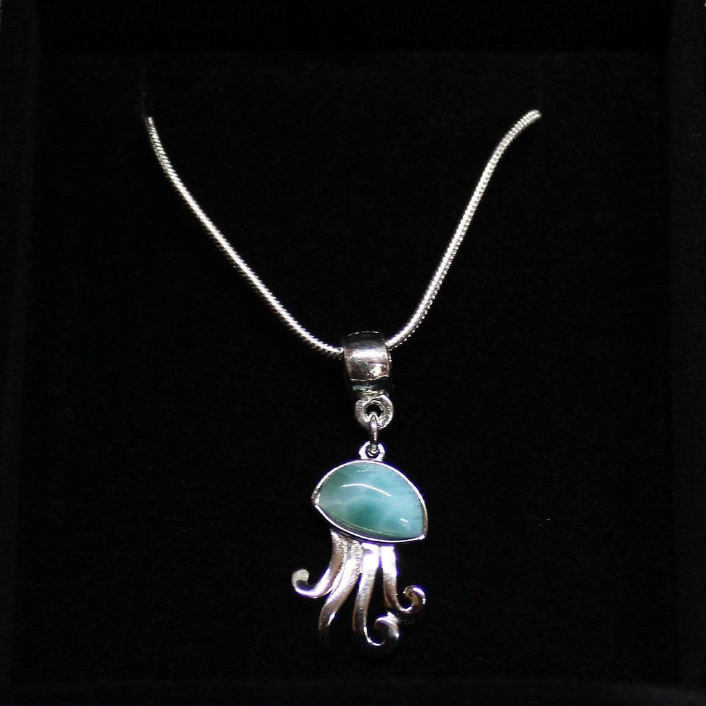Genuine Larimar Jelly Fish necklace - .925 Sterling Silver - 24 inch