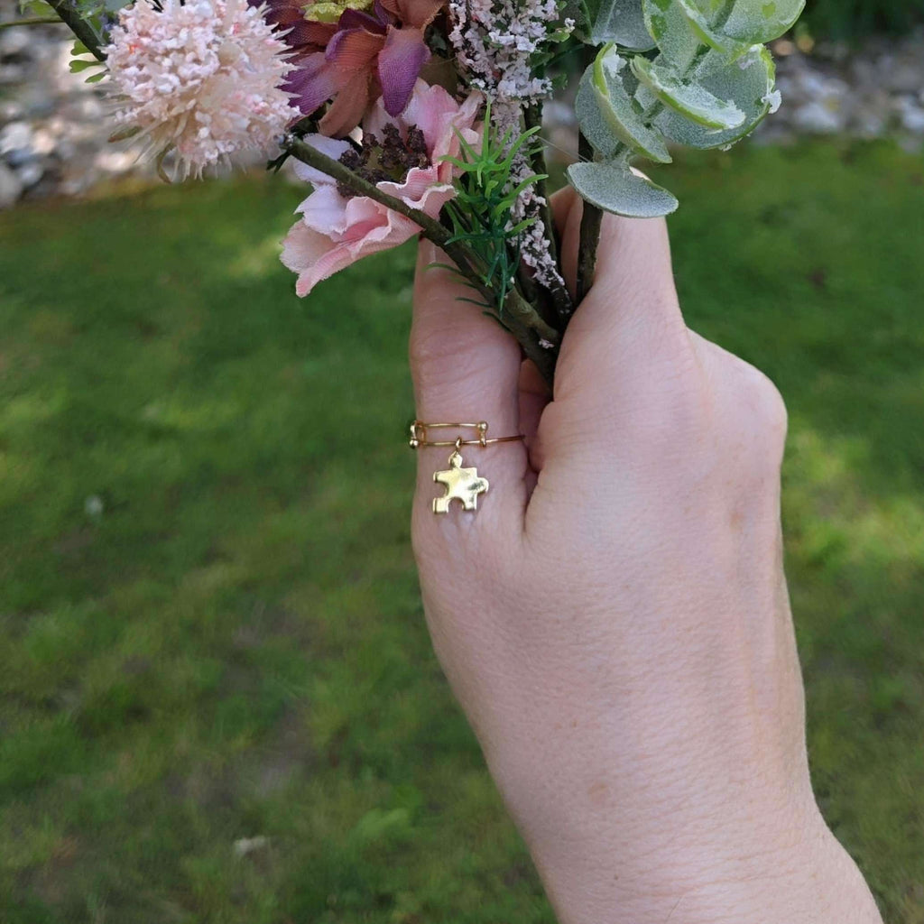 Gold Puzzle Piece Adjustable Charm Ring