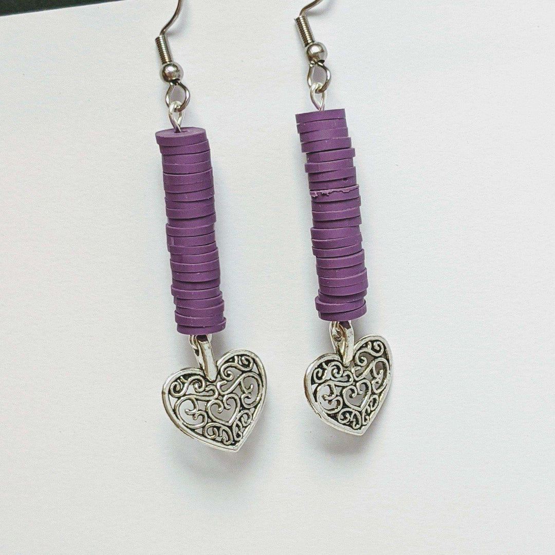 Heart Purple Heishi Paperclip Bracelet/Earring Set