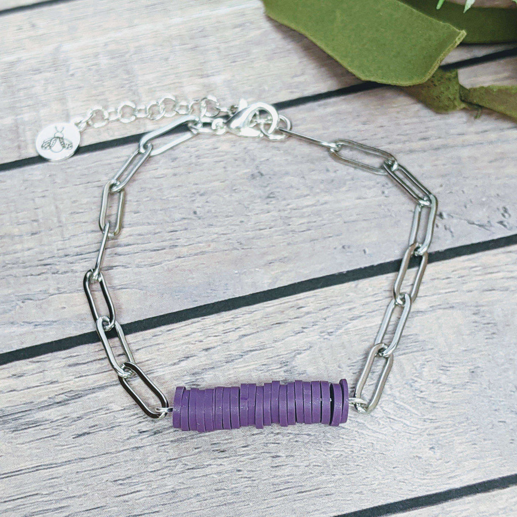 Heart Purple Heishi Paperclip Bracelet/Earring Set