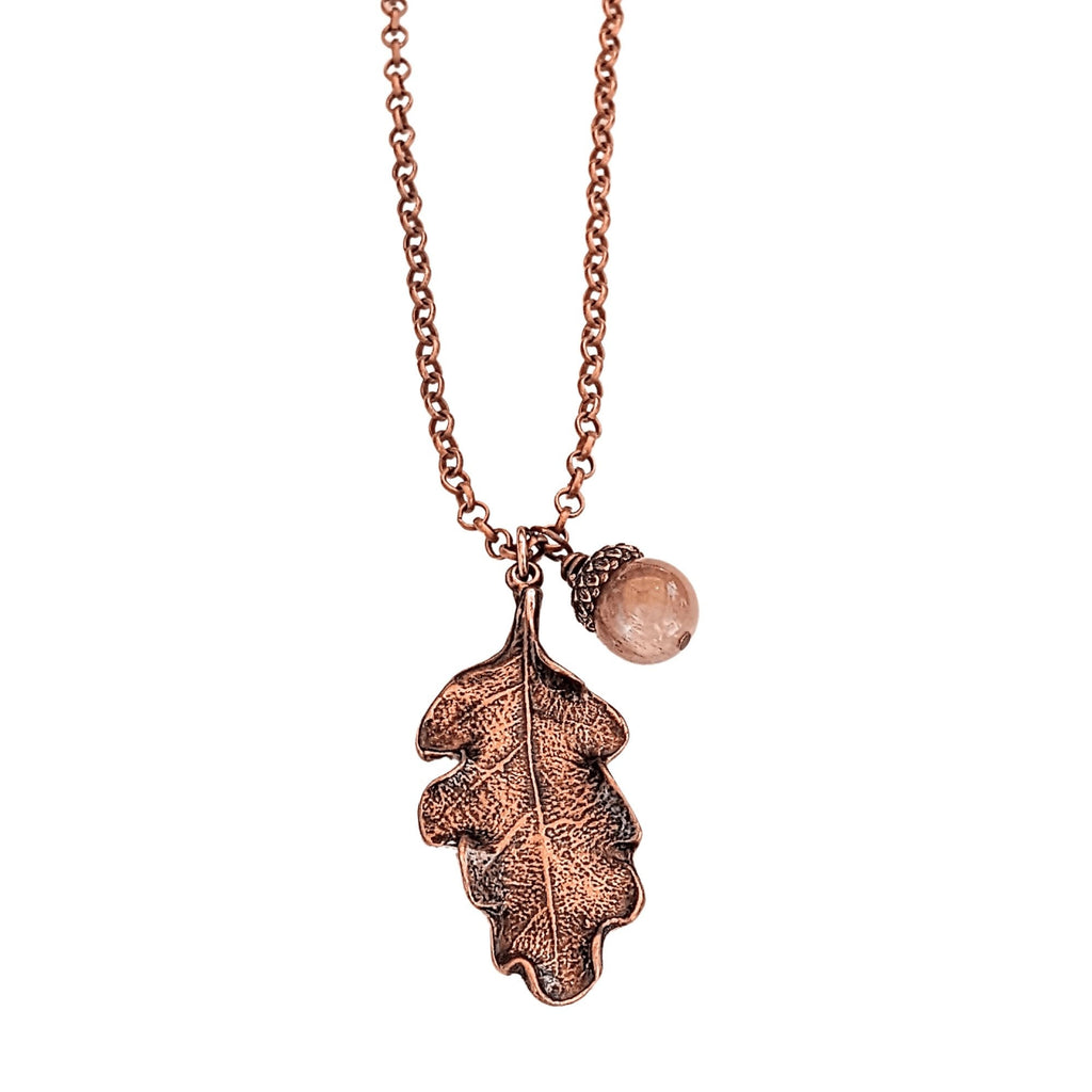 Moonstone Acorn Oak Leaf Necklace, Antique Copper