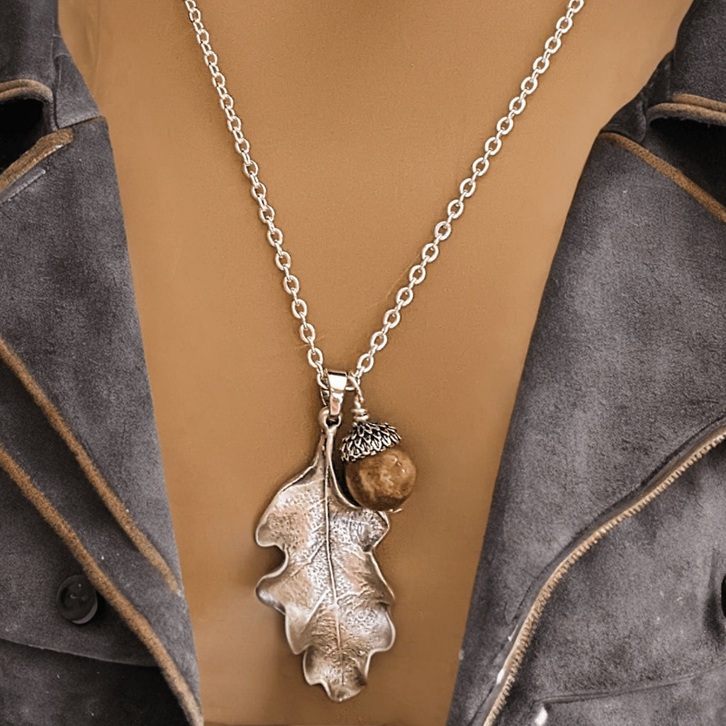 Moonstone Acorn Oak Leaf Necklace, Silver