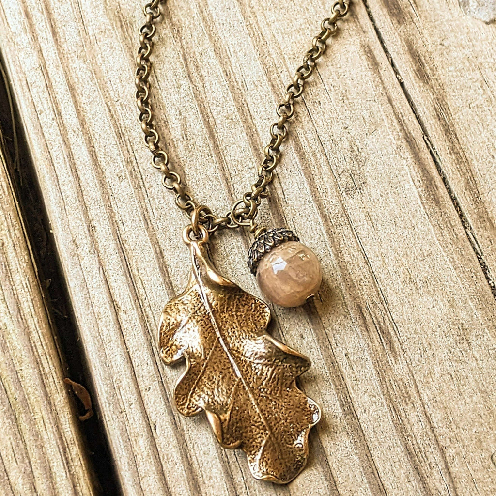 Moonstone Acorn Oak Leaf Necklace, Antique Bronze