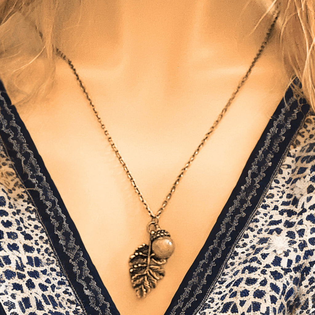 Acorn Oak Leaf Necklace, Antique Bronze