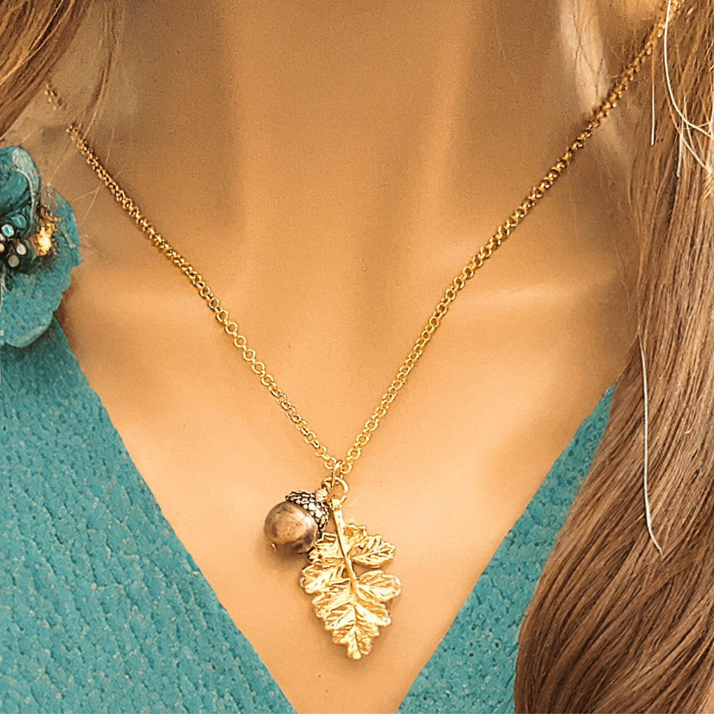Acorn Oak Leaf Necklace, Gold