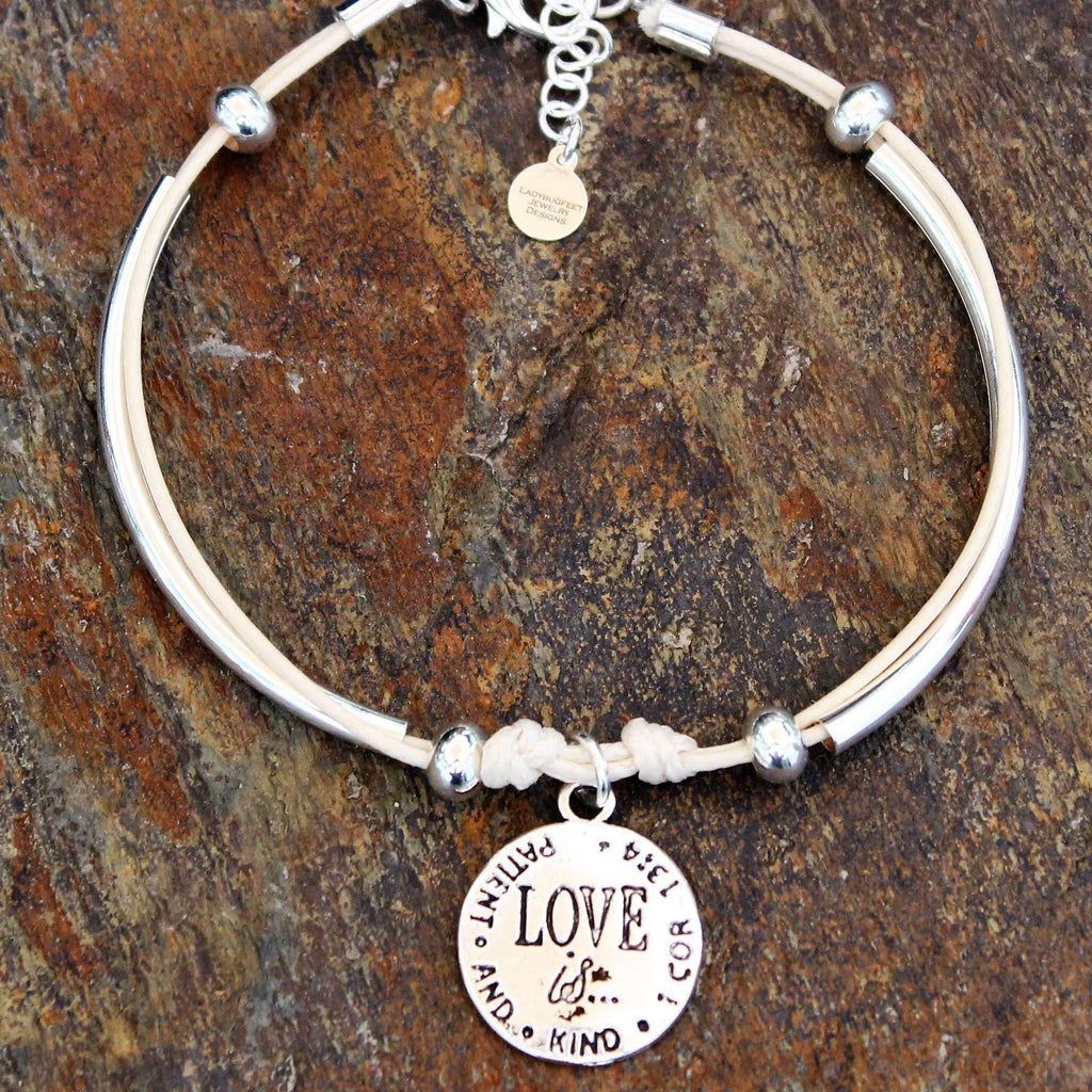 Love Is...Multi Strand Silver Tube Beaded Waxed Cord surfer Bracelet
