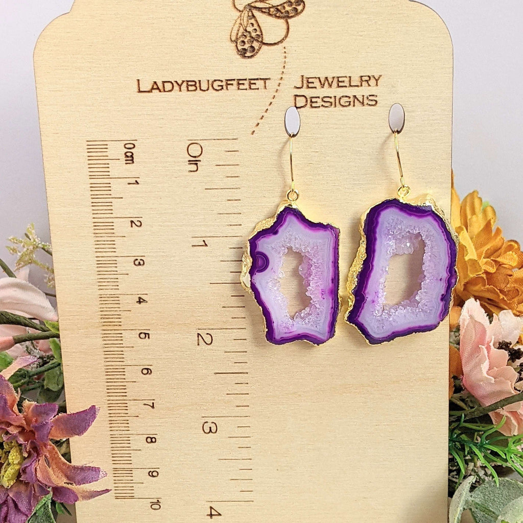 Purple Agate Geode Gemstone Slice Earrings-Gold