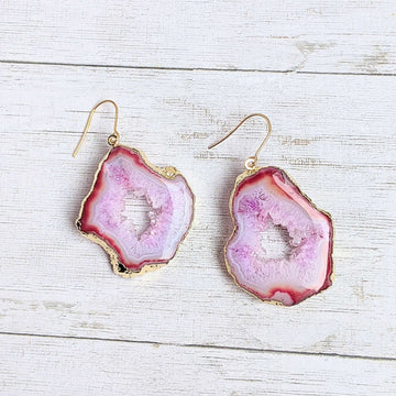 Red Agate Geode Gemstone Slice Earrings-Gold