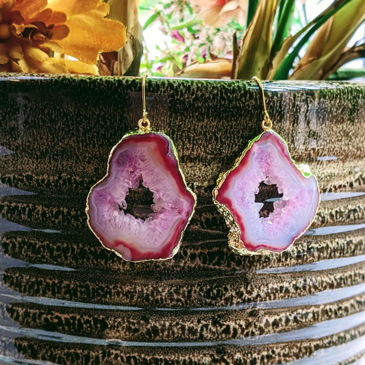 Red Agate Geode Gemstone Slice Earrings-Gold