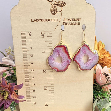 Red Agate Geode Gemstone Slice Earrings-Gold
