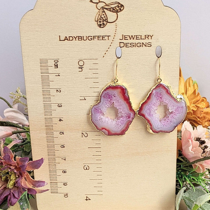 Red Agate Geode Gemstone Slice Earrings-Gold