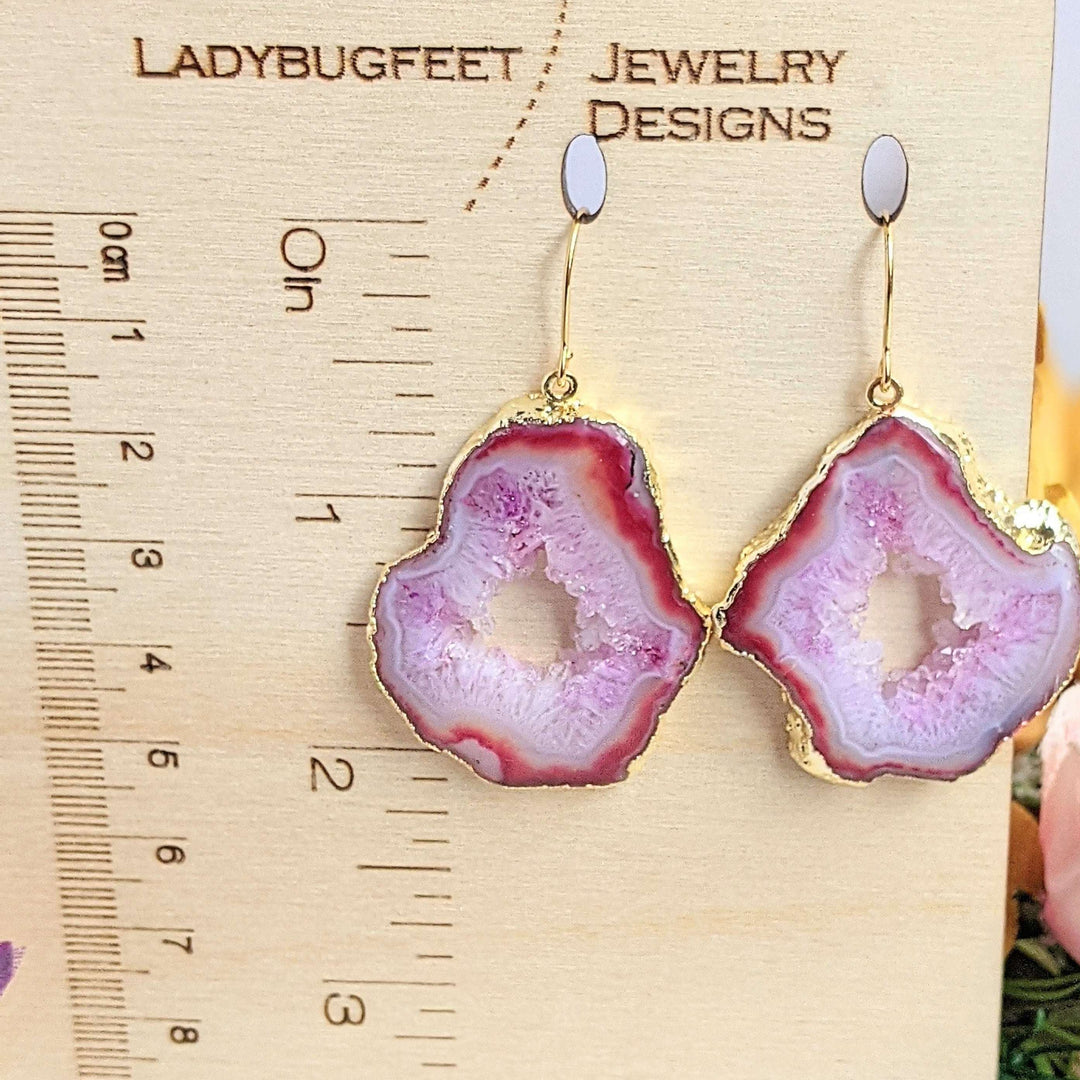 Red Agate Geode Gemstone Slice Earrings-Gold
