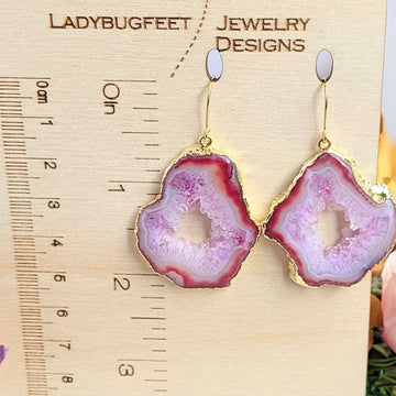 Red Agate Geode Gemstone Slice Earrings-Gold