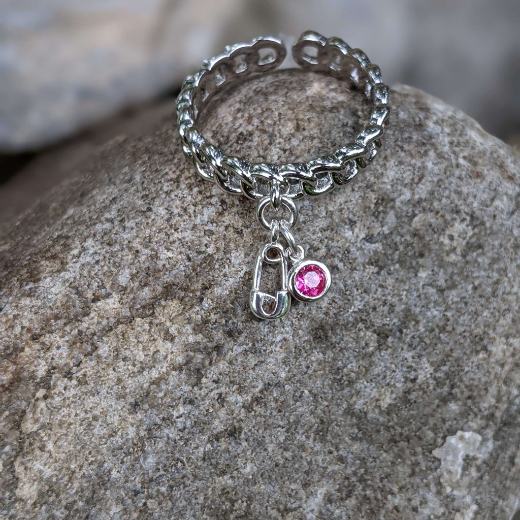 Sterling Silver New Baby Safety Pin Charm Ring