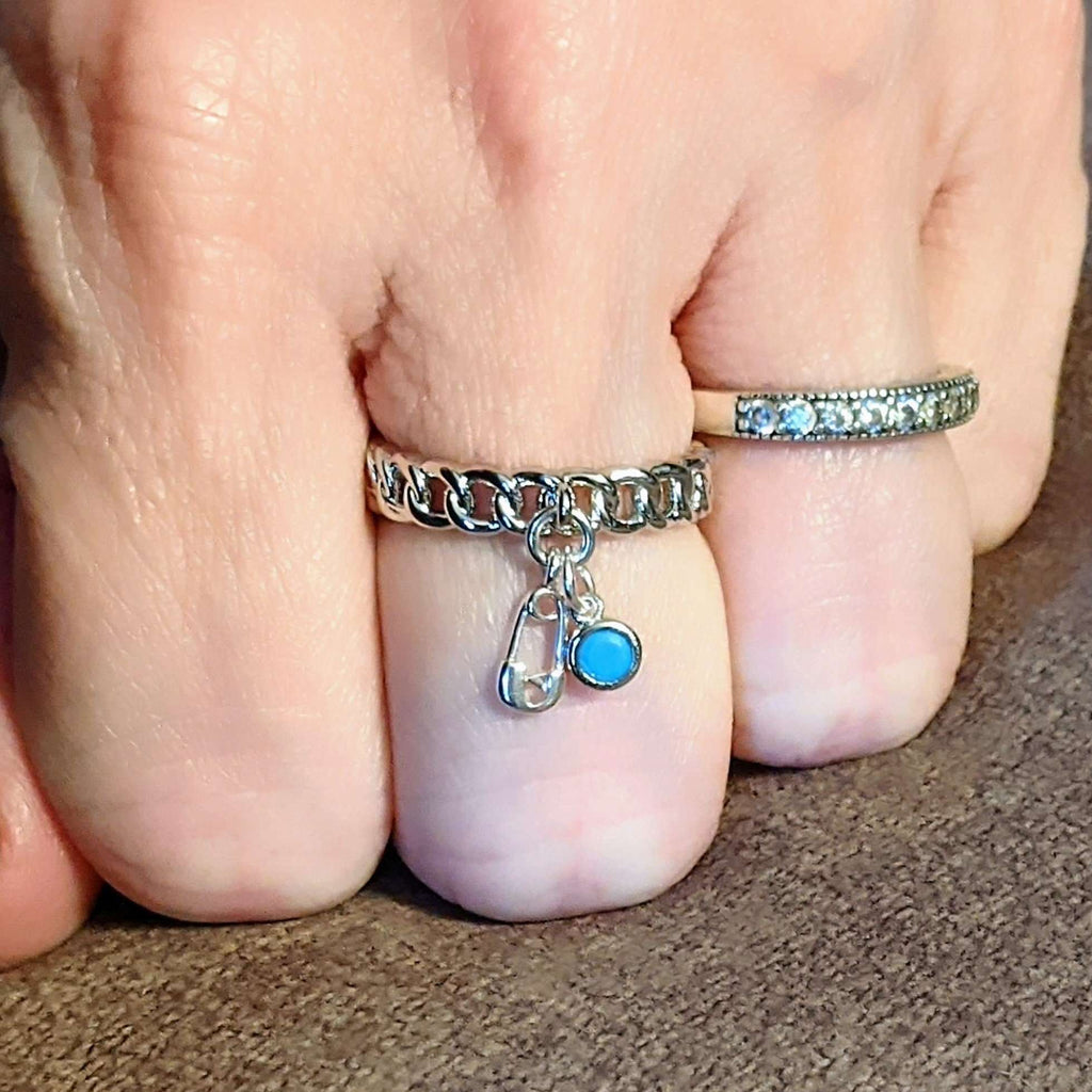 Sterling Silver New Baby Safety Pin Charm Ring