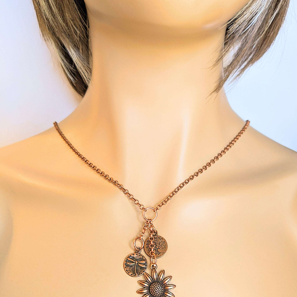 Sunflower Copper Charm Keeper Necklace, 18-24 inch