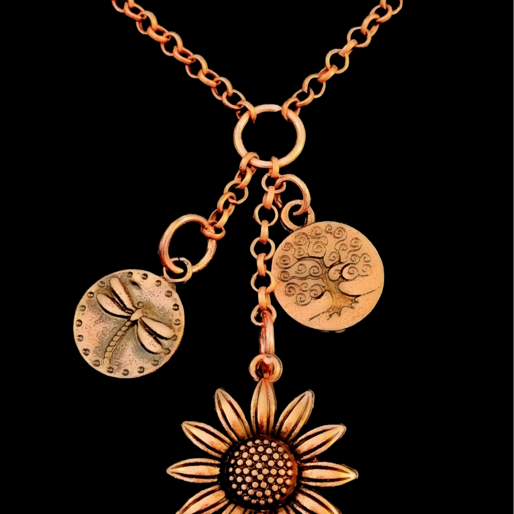 Sunflower Copper charm cluster lariat necklace, 18-24 inch