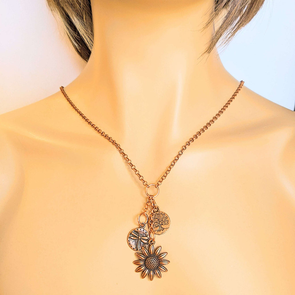 Sunflower Copper charm cluster lariat necklace, 18-24 inch